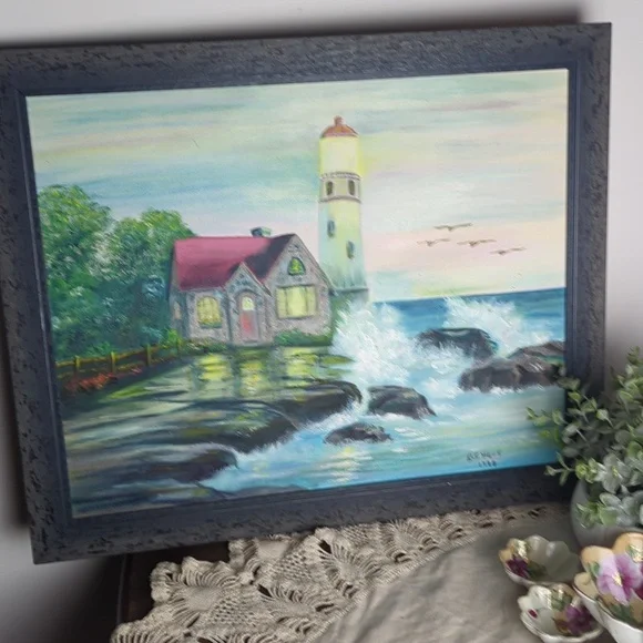 Vintage Storybook Lighthouse Cottage Painting Framed Coastal Wall Art